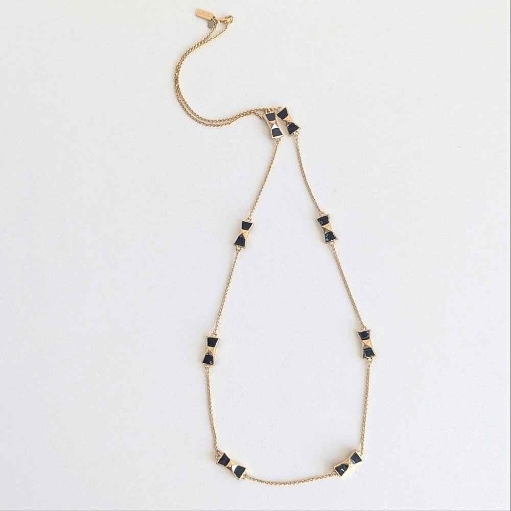 Kate Spade Take A Bow Gold Tone Black Enameled Bow Station Chain Necklace